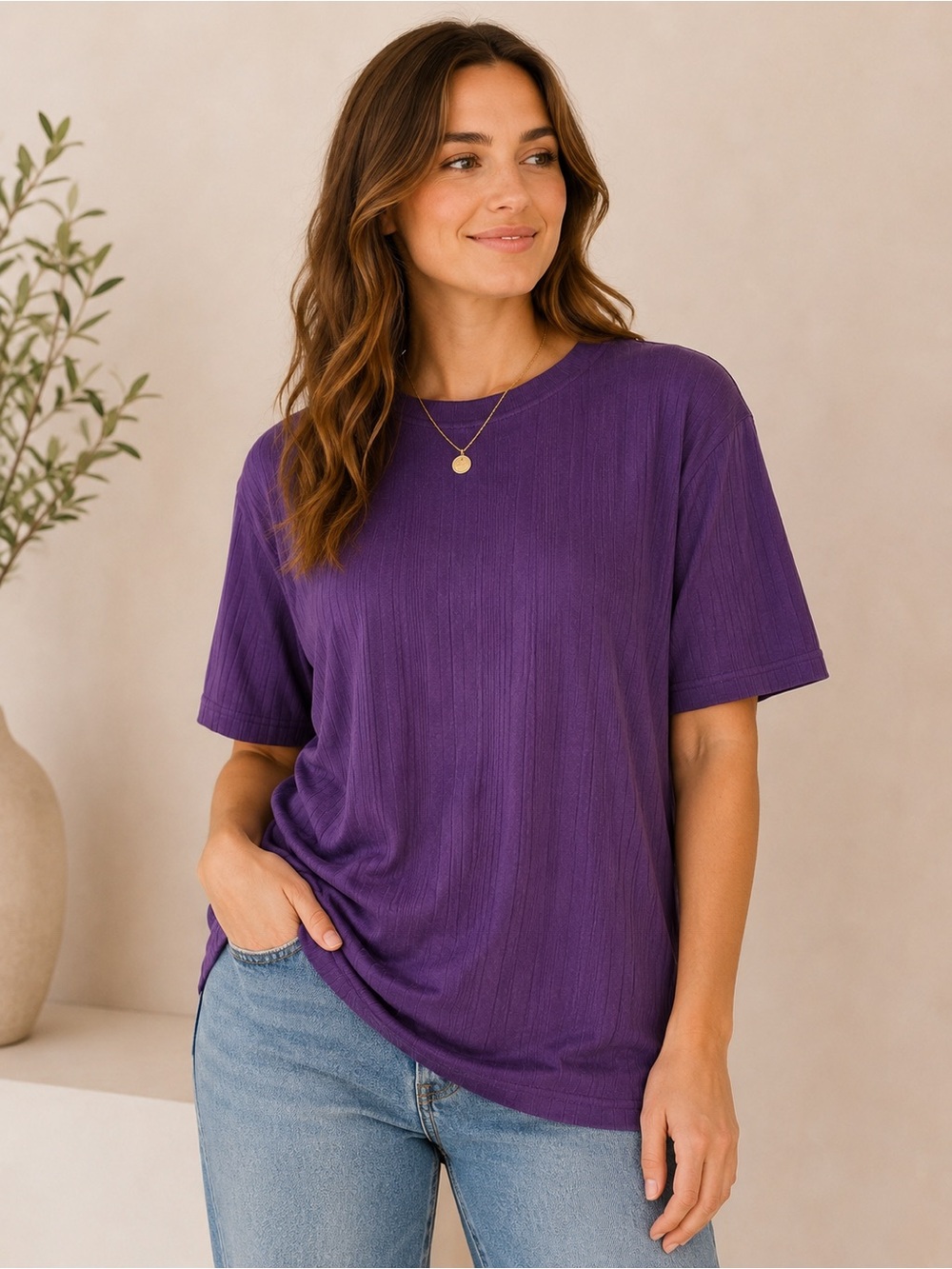 Claiborne 4X Purple Ribbed Knit Tee Short Sleeve Stretch Top